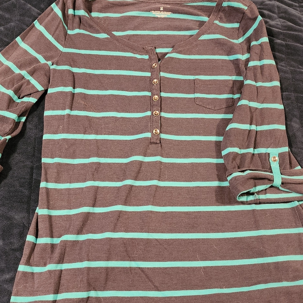 Striped Navy Blue and Teal Half Sleeve Top